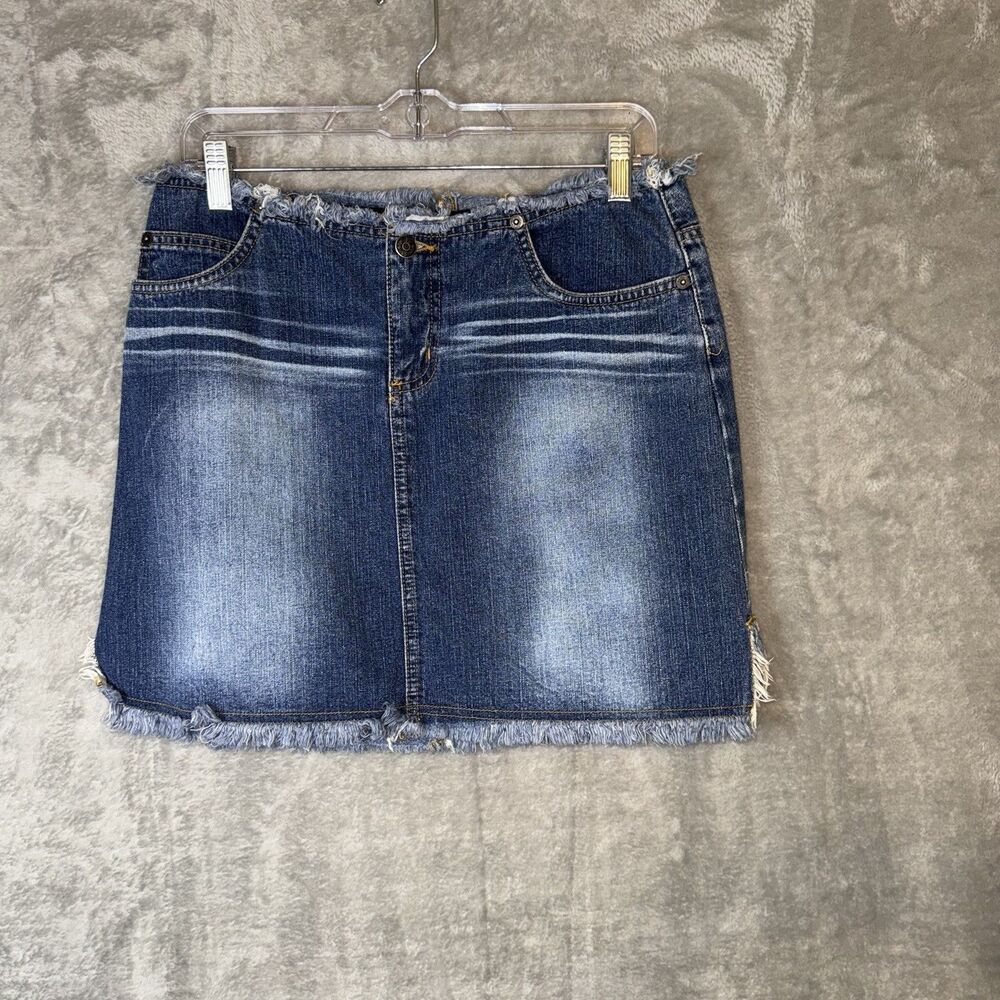 Vintage SO Y2K Mini Denim Jean Skirt Distressed Frayed Trim Sz 9 Preppy